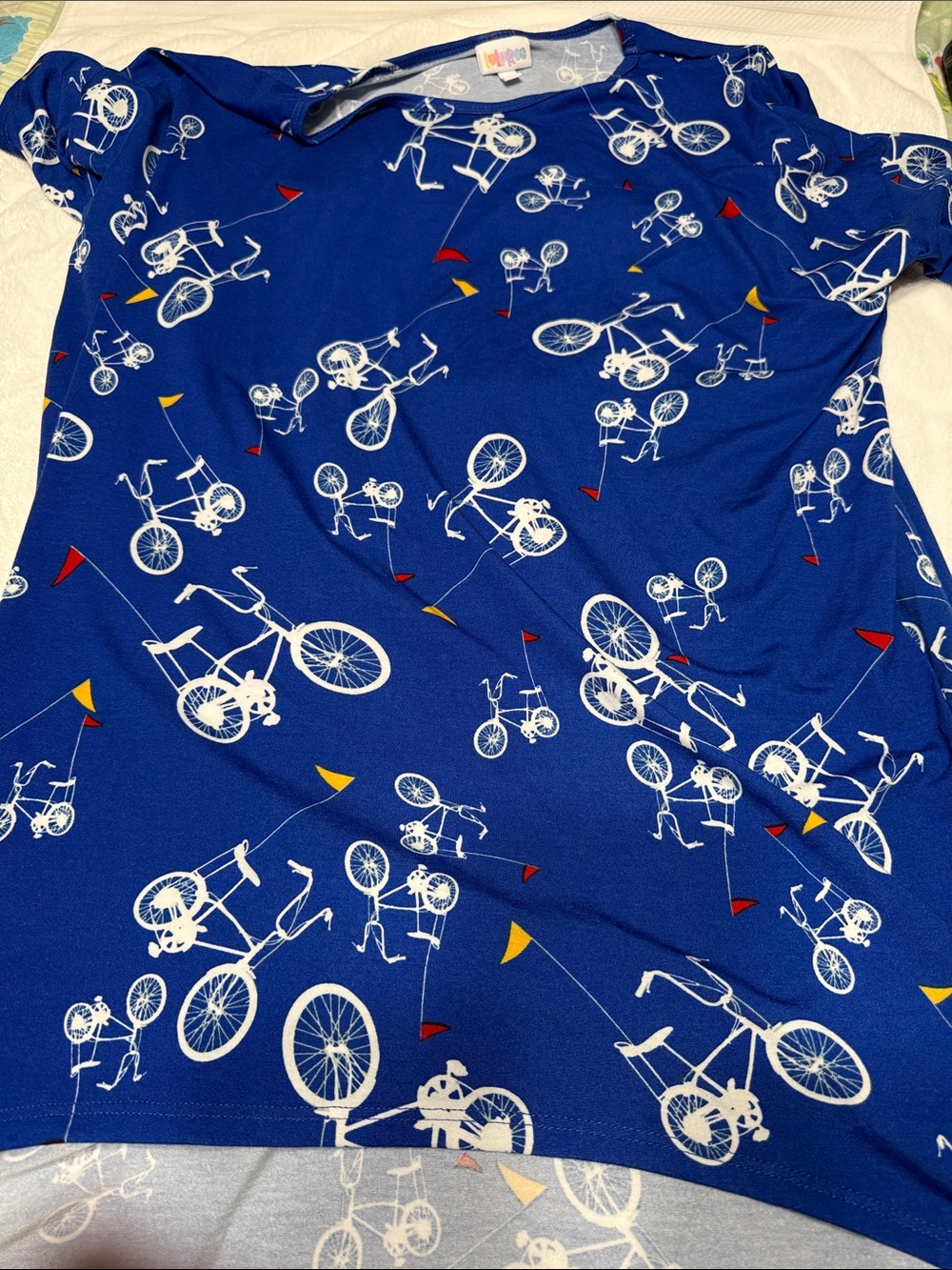 LuLaRoe Royal Blue Bicycle Print Top